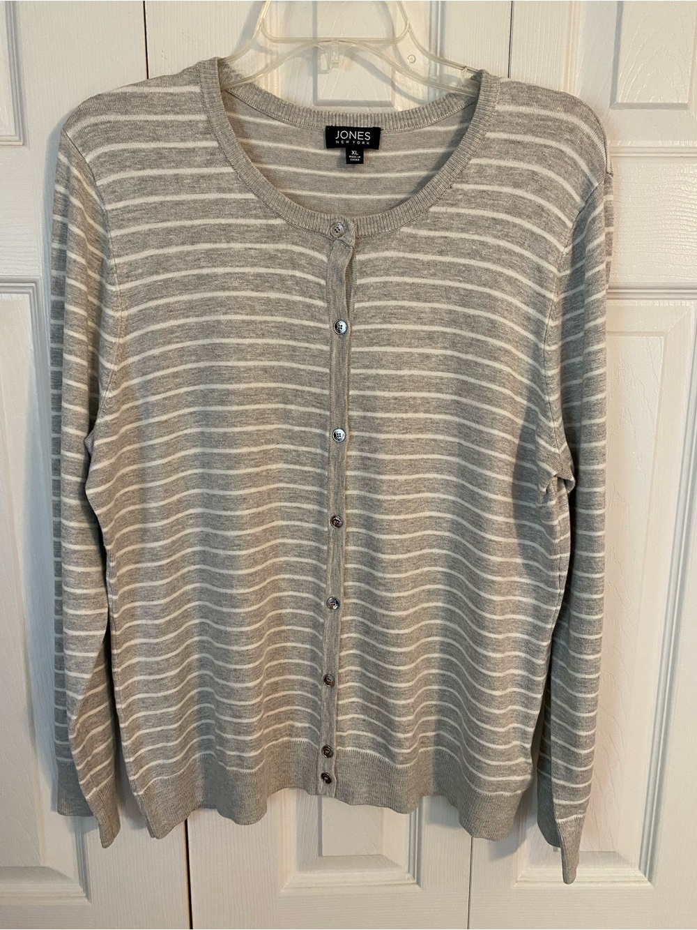 Jones New York Light Gray and White Striped Button-Up Cardigan
